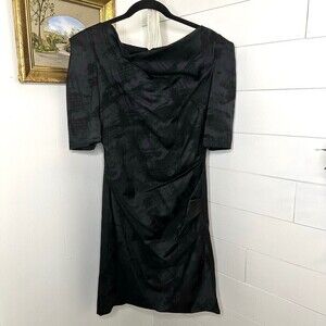 Theia Boat Neck Gathered Brush Stroke Knee Length Cocktail Dress Black Size 12